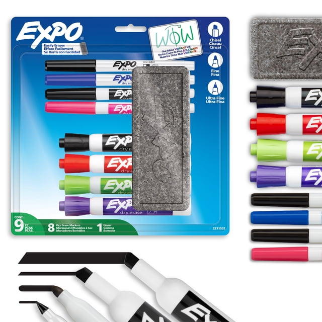 EXPO Dry Erase Markers, Low Odour Ink, Fine & Chisel Tip, Assorted Colours, 9 Piece Set (w/ Eraser)