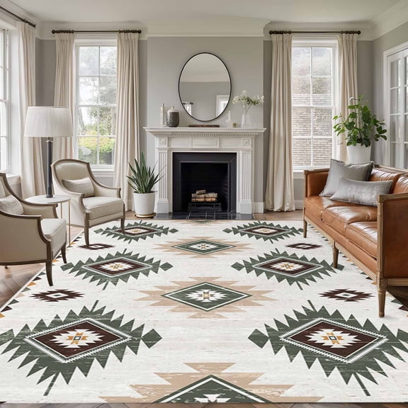 8x10 Area Rugs, Sage Green Aztec Non-Skid Rubber Backing Large Rectangle Rugs - Living Room Bedroom Home Office, Southwest Boho Ethnic Chic Motifs Indoor Floor Mat Carpets Washable Rug