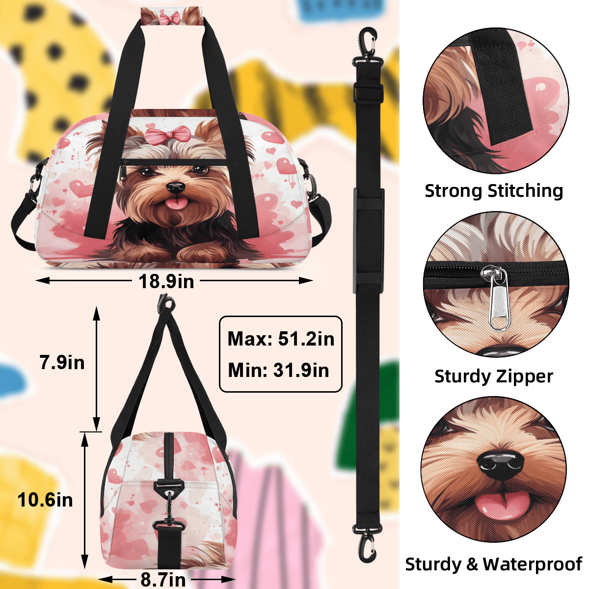 Herdesigns Pink Sports Duffle Bag for Women & Men, Cute Dogs Gym Bag Dance Bag Overnight Bag Carry On Weekender Travel Bag
