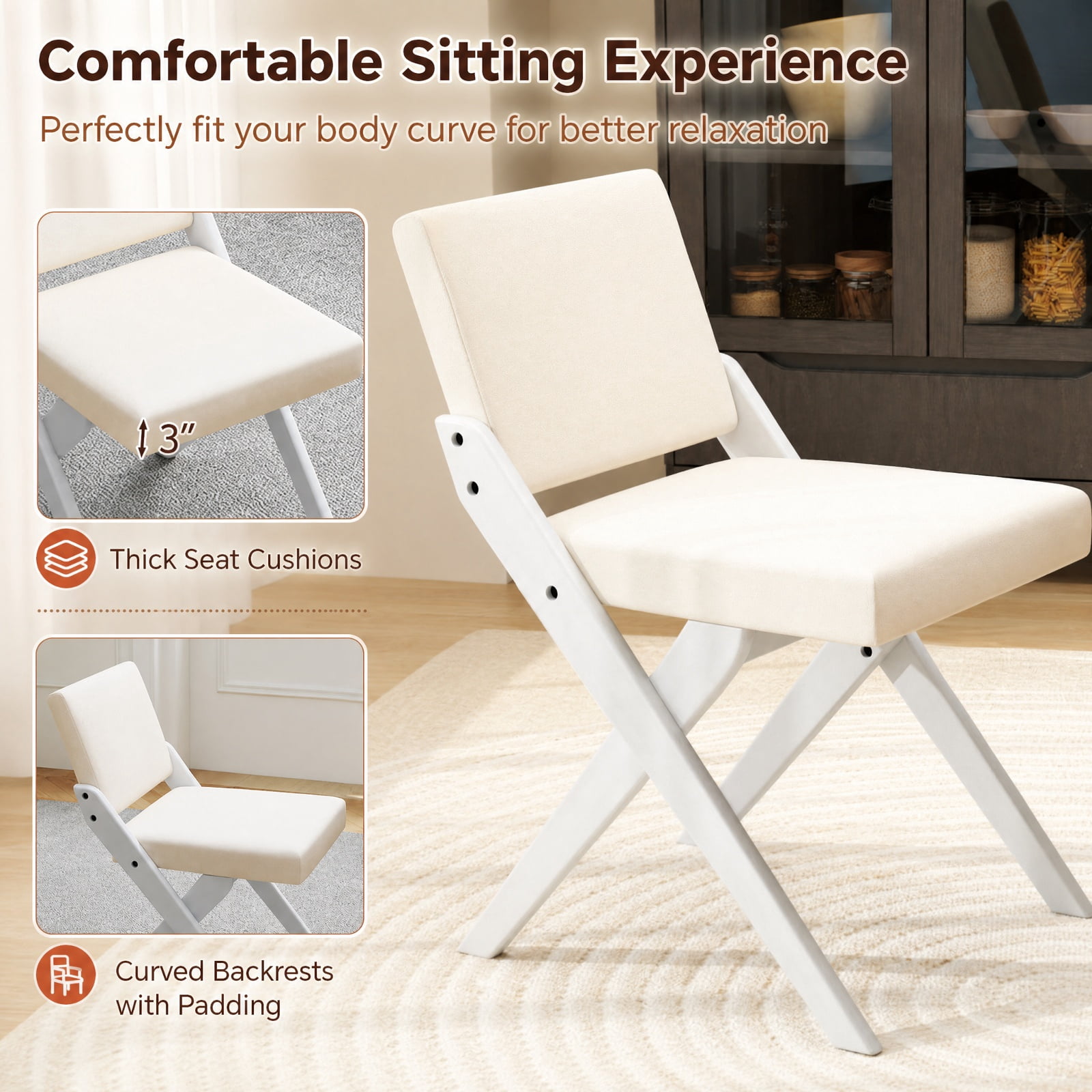Furnibear Wooden Dining Chairs Set of 2 with Rubber Wood Frame and Padded Polyester Cushion for Kitchen and Dining Room, White
