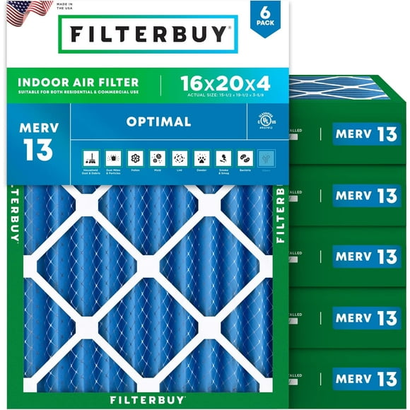 Filterbuy 16x20x4 MERV 13 Pleated HVAC AC Furnace Air Filters (6-Pack)
