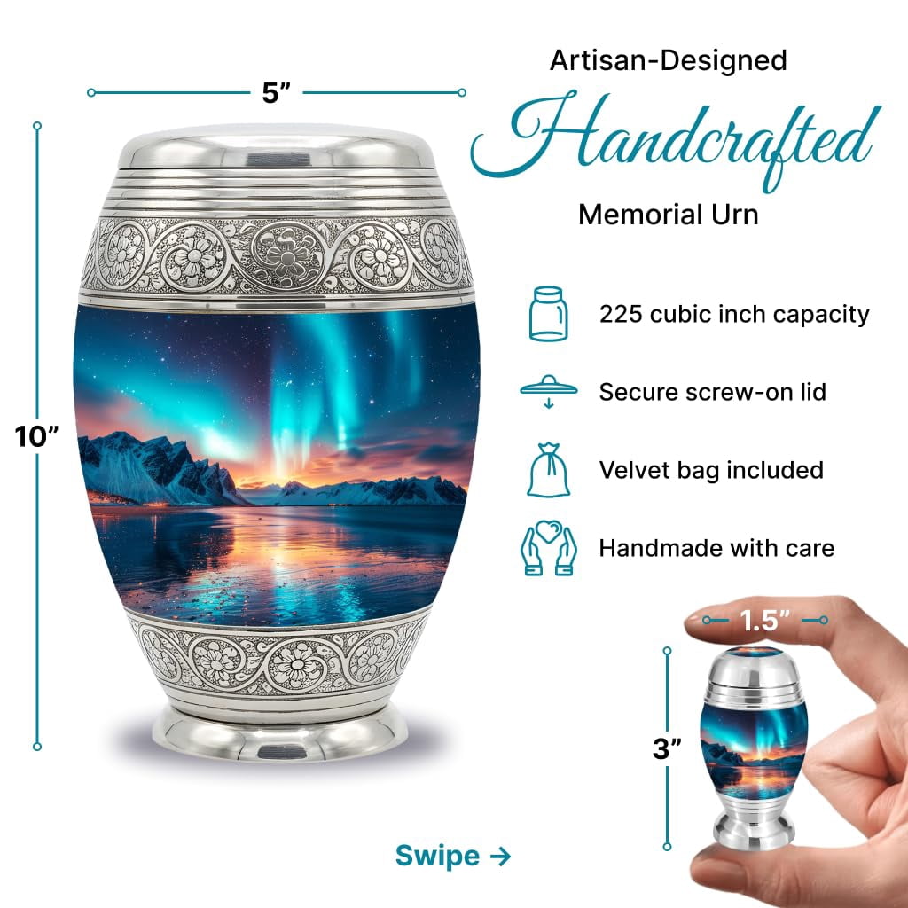 Set of 6 Cremation Urns for Human Ashes Includes 1 Large Urn with 4 Small Keepsakes & 1 Silver Necklace - Aroura Lake