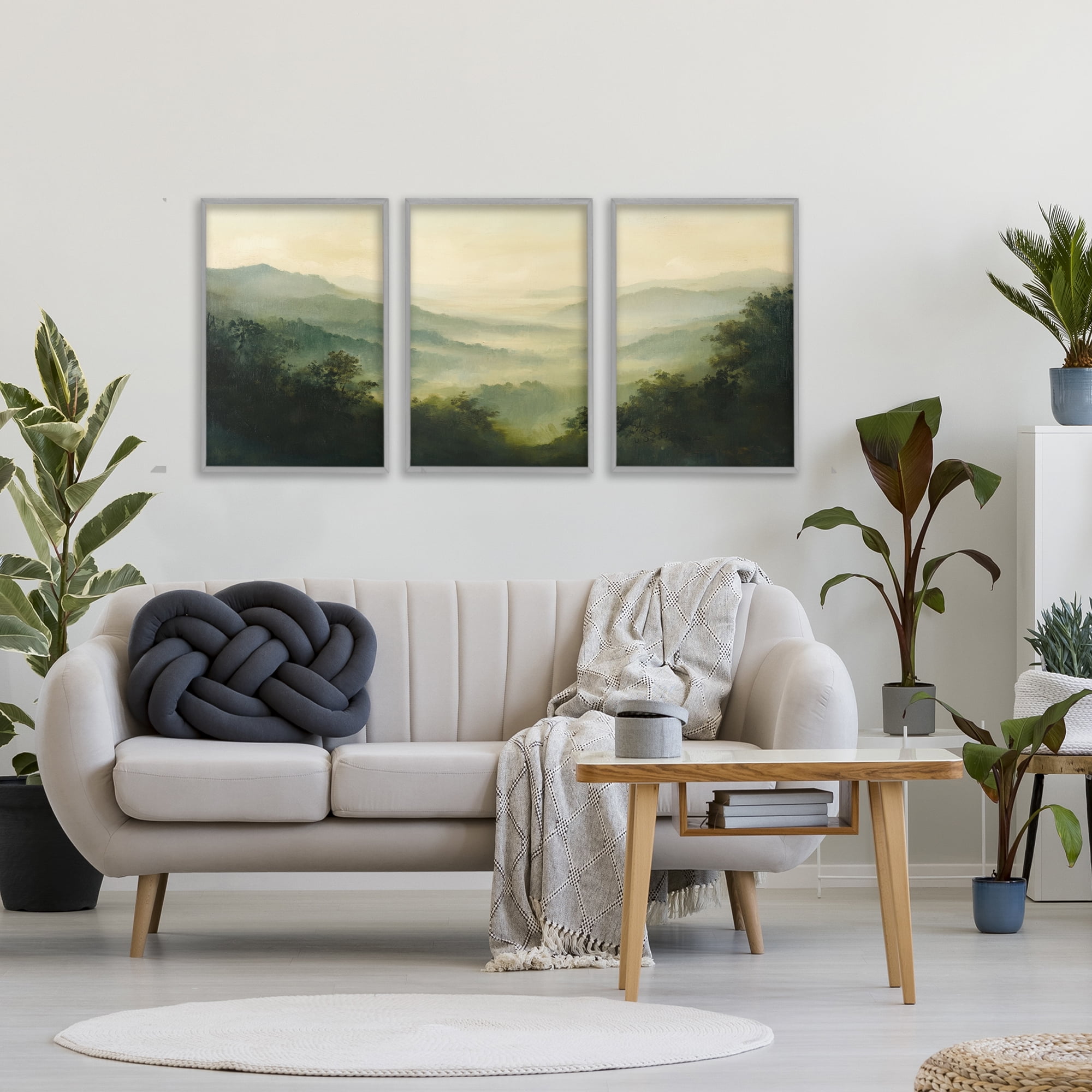 Stupell Industries Through The Haze Mountain Panorama 3 Piece Gray Framed Giclee Art Set, design by Petal Prints Design