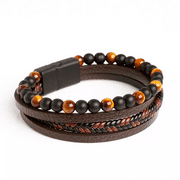 AMARE BEAUTY Natural Stone Tiger Eye Matte Black Onyx Leather Beaded Bracelet Men's
