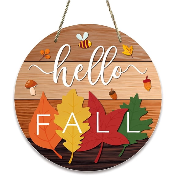 Hello Fall Wooden Door Hanger Sign, Rustic Maple Leaf Front Door Welcome Sign, Farmhouse Round Wall Decor for Porch Indoor Outdoor Home Decoration