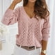 thumbnail image 3 of Suéter de punto para mujer, Top hueco, manga larga, cuello en V profundo, suelto, informal, mantiene el calor, Color puro, 3 of 6