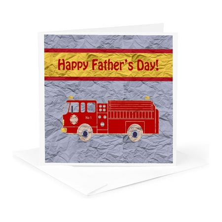 3dRose, Firetruck Happy Fathers Day, Crumpled Effects, Red, Yellow, Blue, 1 Greeting Card with envelope