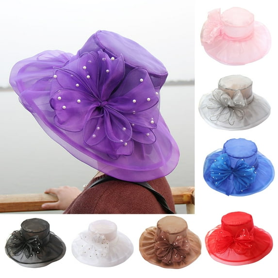 Cheers.US Faux Pearls Women Organza Kentcky Derby Fascinator Lady Cocktail Tea Party Church Wedding Bridal Wide Brim Flower Hat