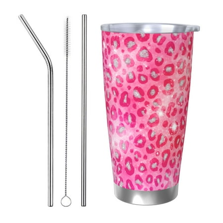 

20oz Straw Three-Piece Set Car Cup For The Coffee Shop Office Car Sports Home Easy To Carry Out Pinkglitter Leopard Print