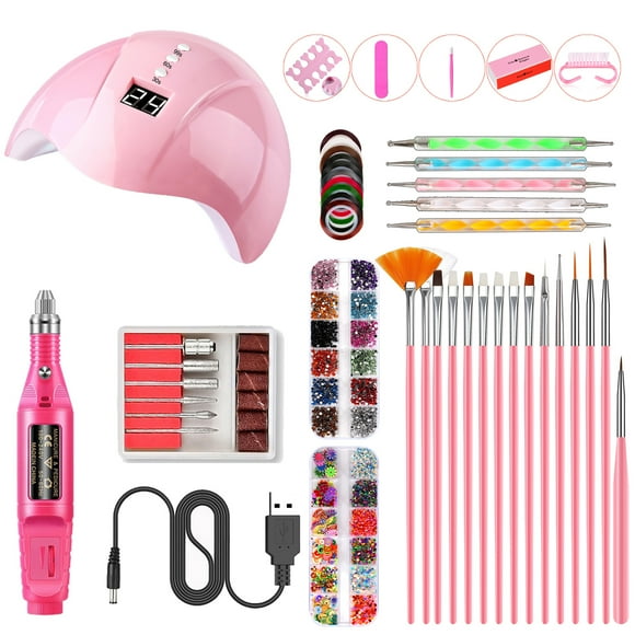 Amdohai Nail Art Kit Nail Dryer Nail Drill Machine with Accessories 15pcs Nail Brushes Set 5pcs Dotting Pens 10 Rolls Nail Striping Tape Sticker 2 Boxes of Decors and 5 Nail Tools Manicure Tools USB