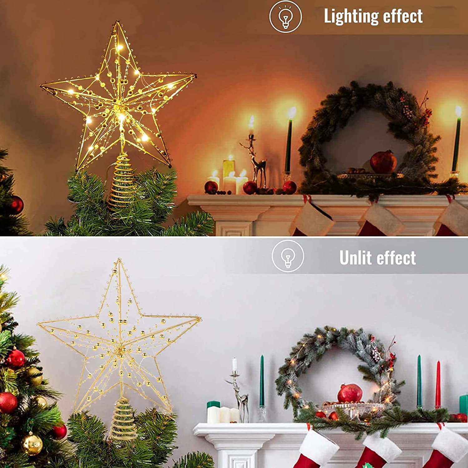 Christmas Tree Topper, 10 LEDS Tgnazet 9.84 Inch Christmas Star Tree Topper with Lights Beads, Battery Operated Tree Toppers for Christmas Xmas Tree Holiday Party Decor, Gold Star Warm White