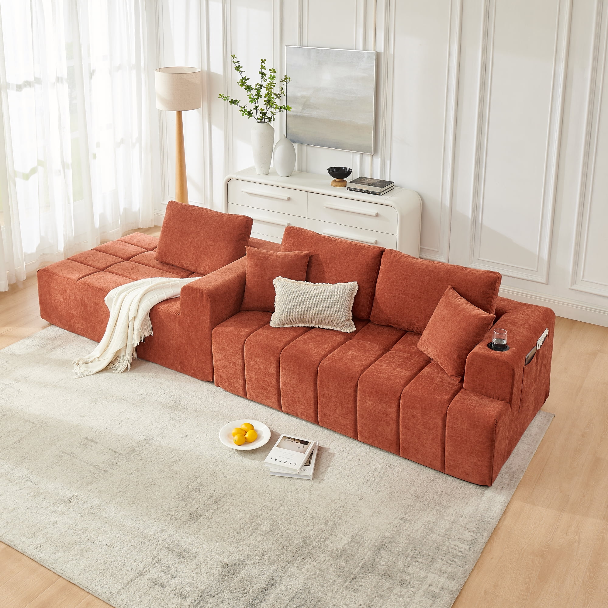 Leumius 108" L-Shaped Sectional Sofa,Chenille Boneless Couch, Modern 3-Seat Upholstered Cloud Couch Sectional with Deep Seat and Cup Holders for Living Room,No Assembly Required,Orange