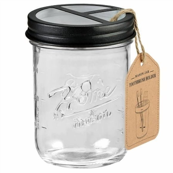 Mason Jar Toothbrush Holder - Premium Rustproof 304 Stainless Steel Lid - Holds 2 Toothbrushes And Toothpaste - Rustic Farmhouse Decor Countertop And Vanity Storage Organizer/Black