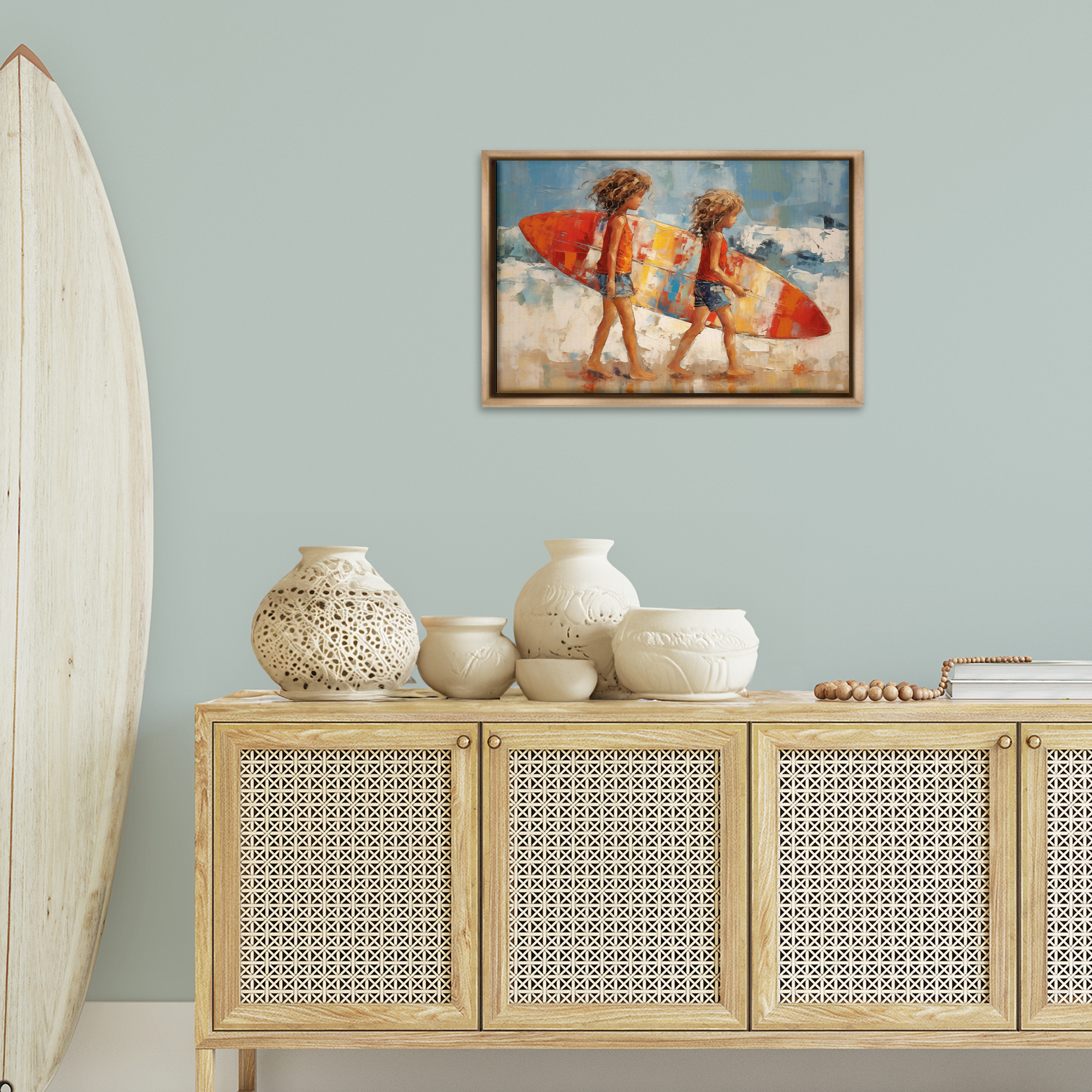 Stupell Industries Kids with Surfboard Sports Painting Brown Floater Framed Canvas Art Print Wall Art, 25 x 17