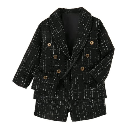 

Toddler Girls Outfit Set Long Sleeve Shirt Coat Jacket Plaid Print Kids Tops Outwear Short Pants Bag Outfits Baby Clothes
