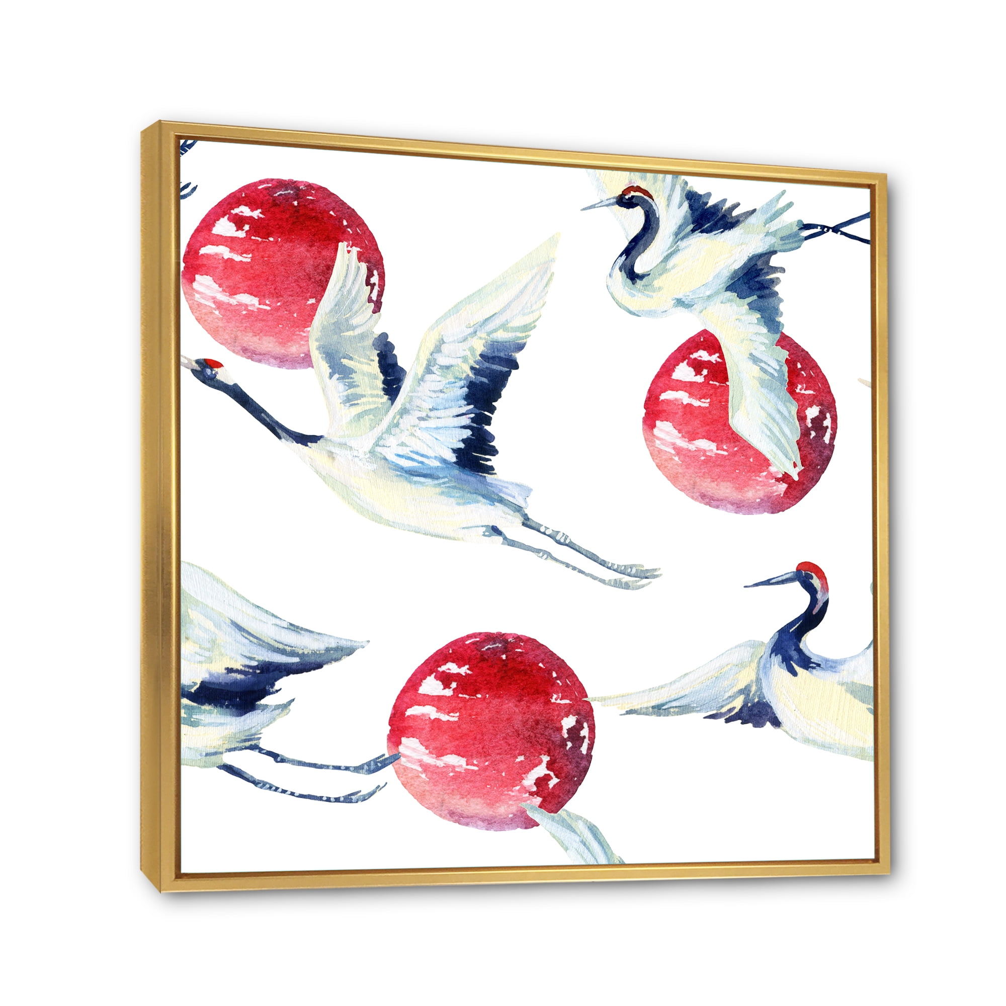 Designart 'Red Full Moon With Asian Crane Bird' Traditional Framed Canvas Wall Art Print
