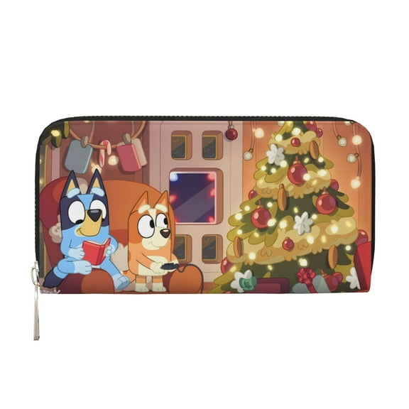 Kowoue Bluey Pattern Genuine Leather Long Wallet Card holder Wallet with Coin Pocket Wristlet Clutch Wallet Purse