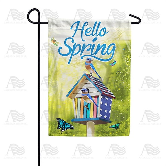 America Forever Spring Birdhouse Garden Flag 12.5 x 18 inches Double Sided Hello Spring, Patriotic, Birds, Butterflies - Seasonal Yard Lawn Outdoor Decorative Bluebird Garden Flag