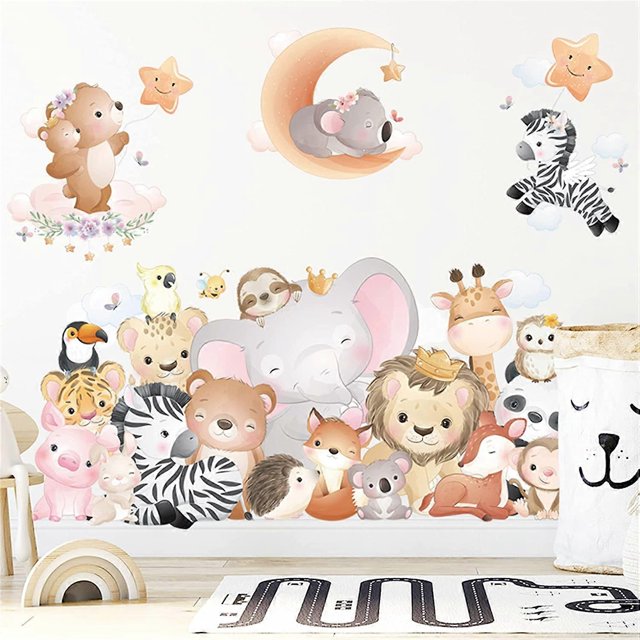 Super Cute Animal Zoo Stars and Moon Wall Decals Panda Fox Lion Bear Elephant Zebra Wall Stickers Bedroom Living Room TV Wall Door Decor Murals (Cute