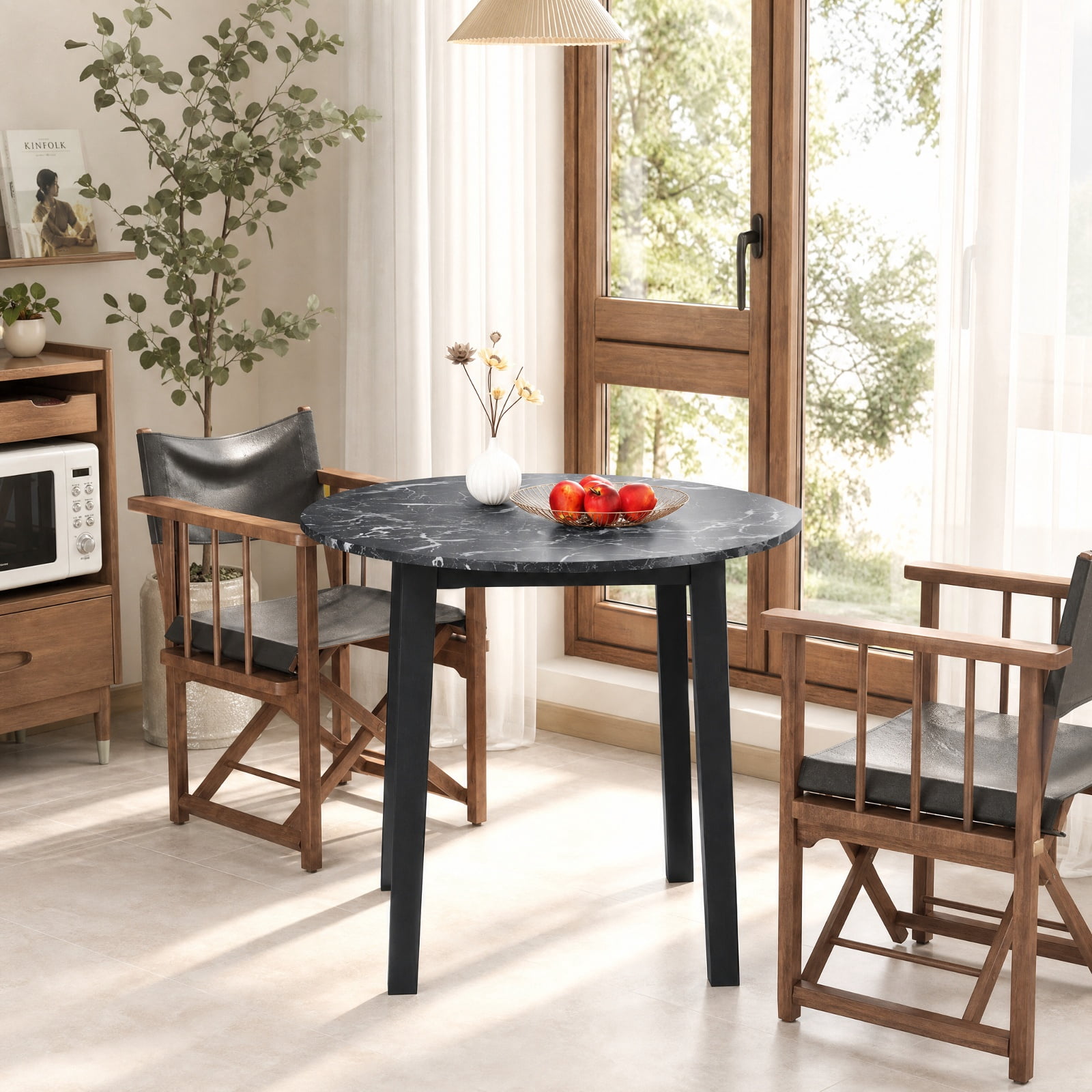 Furnibear 35 Inch Round Dining Table for 4 with Rubber Wood Legs and Marble Textured Veneer Top for Kitchen and Dining Room, Black