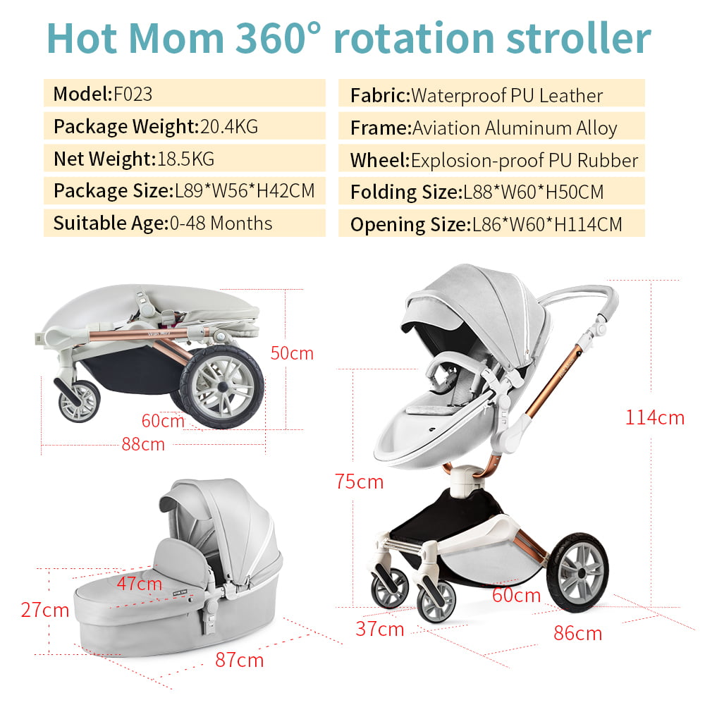 Hot Mom Baby Stroller 360 Degree Rotation Function Baby Carriage Pu Leather Pushchair 2022,Grey 