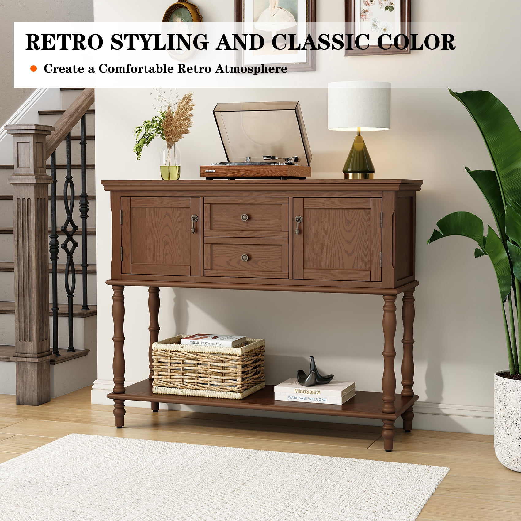 CBJCBJ 42'' Farmhouse Console Table , 2 Drawer Narrow Long Entryway Table with Open Storage Shelf , for Living Room,Brown