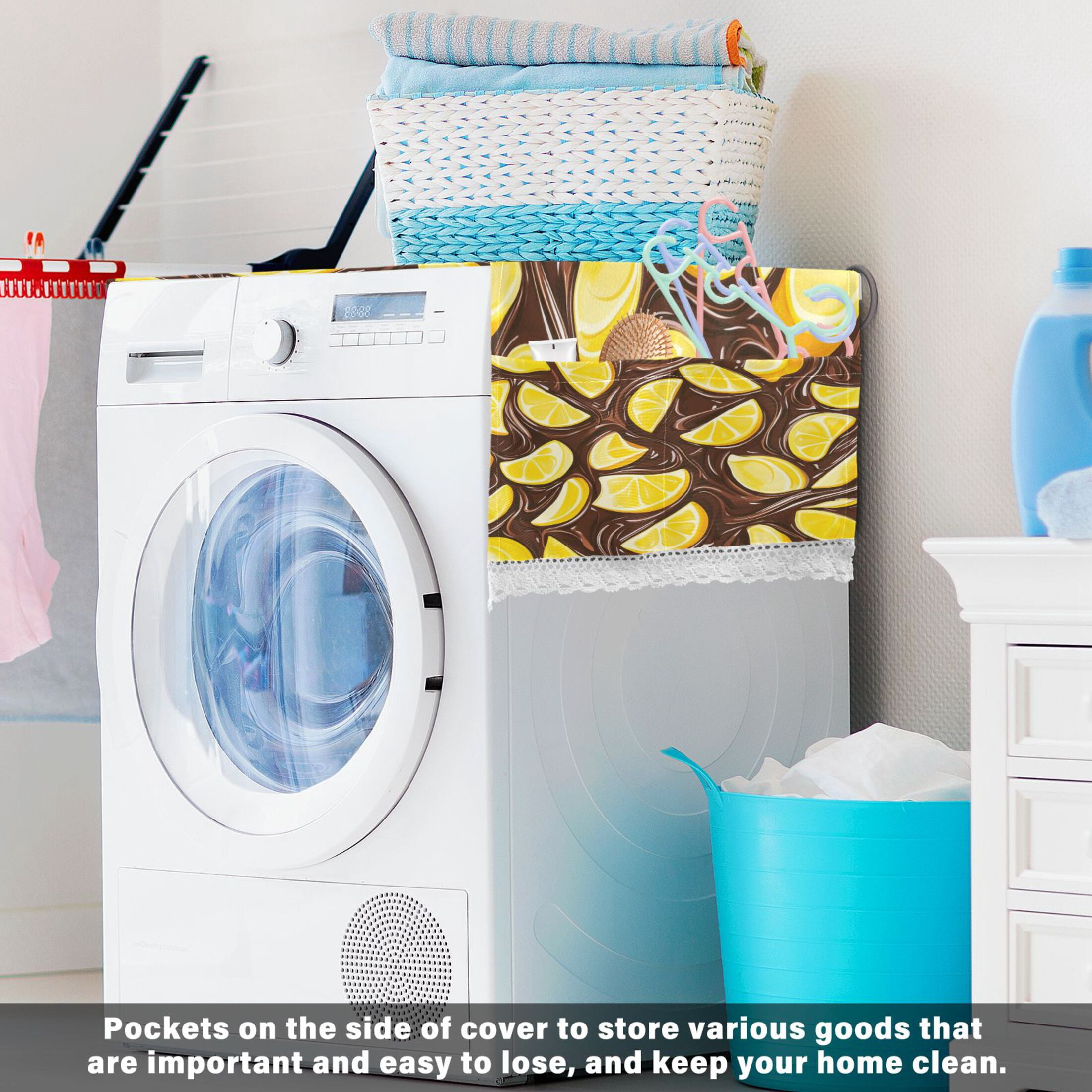 Lemon Chocolate PatternWasher and Dryer Covers Dust-Proof and Oil Resistant Fridge Cover with 4 Storage Pockets Washing Machine Top Cover for Laundry Kitchen Home 51.2 x 22 In
