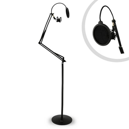 Suspension Shock Mount - PYLE PMKSH28 - Microphone Boom Suspension Stand - Scissor Spring Arm Floor Mic Stand with Shock Mount & Pop Filter