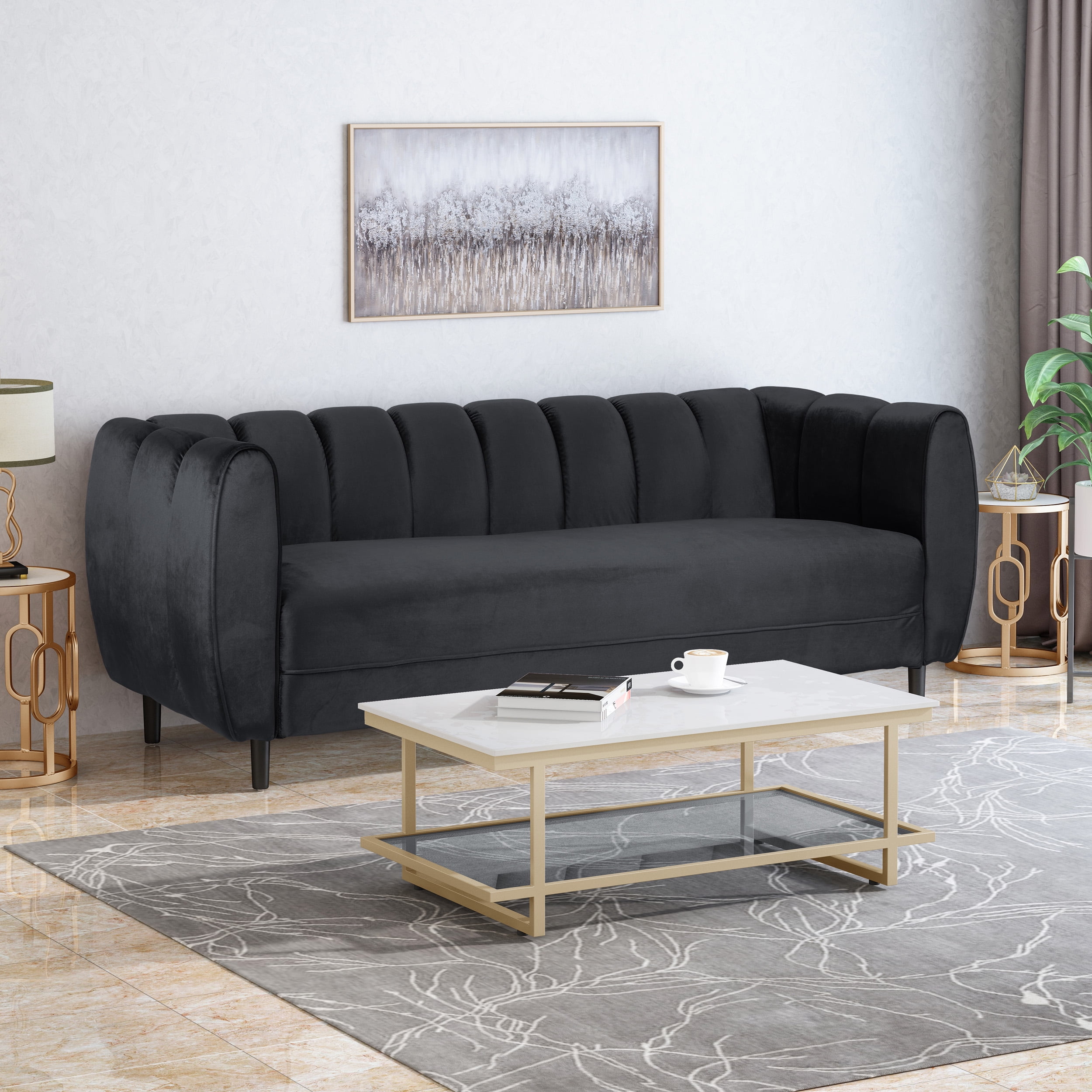 Noble House Hildred Velvet Channel Stitch Sofa, Black, Dark Brown