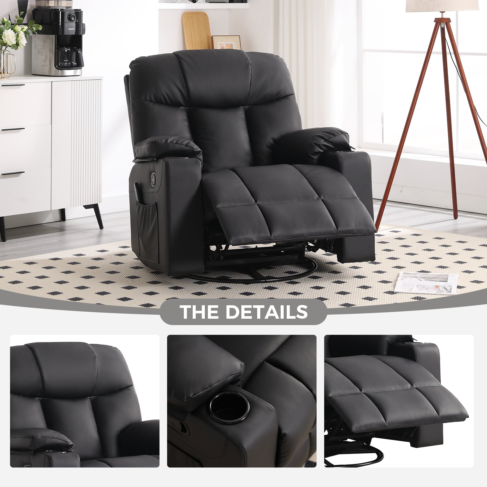 Bonzy Home Rocker Recliner Chair with Swivel Base, Massage & Heat, 2 Cup Holders – Comfortable Recliner for Living Room, Bedroom, Black