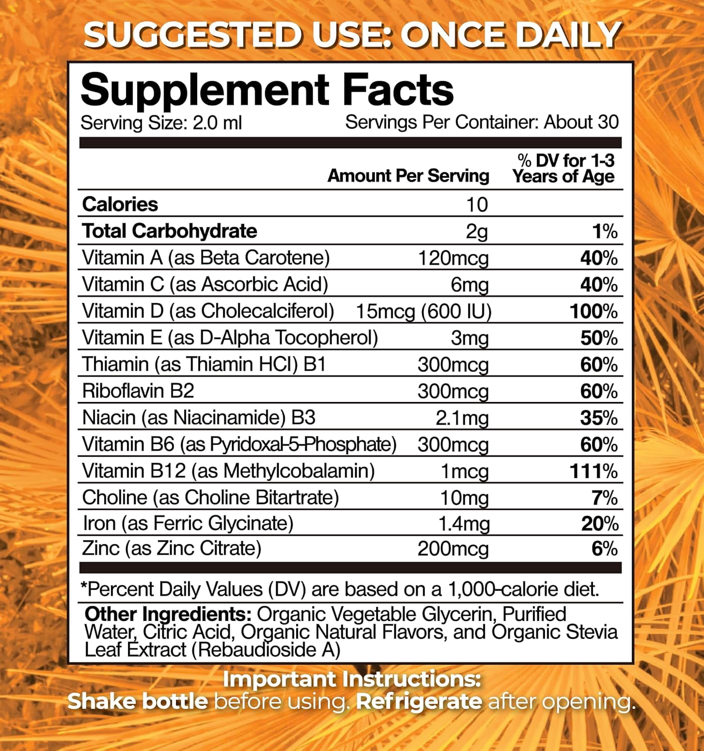 Tropical Oasis Liquid Multivitamin Drops for Toddlers Ages 1-3, for Immunity Support, Cognitive Function, and Overall Wellness, Tropical Berry Blast Flavor, 2 fl oz, 30 Servings