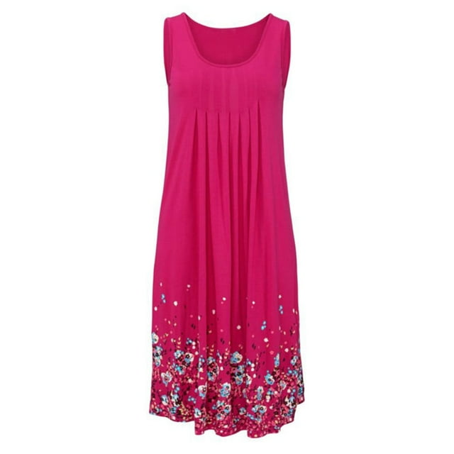 BJYX Robe Sans Manches Plissée Col Carré Imprimé Floral Ample Femmes Été Boho Robe Midi Courte Soirée Fête Plage Robe d'Été