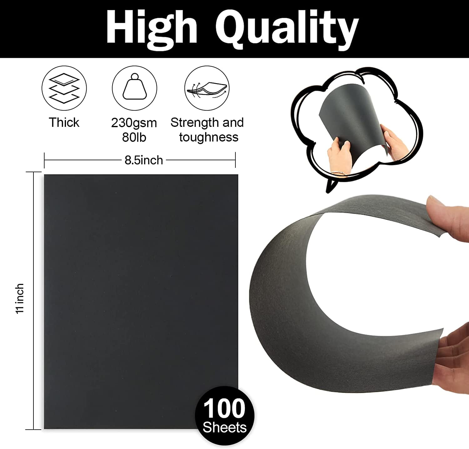 100 Sheets Black Cardstock 8.5 x 11 Thick Paper, General 80lb Card Stock Printer Paper for Halloween, Invitations, Scrapbooking, Crafts, DIY Cards