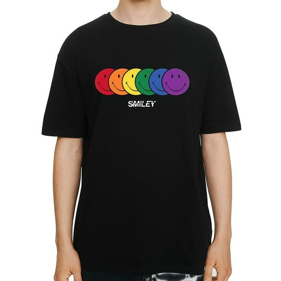 Elevenparis Mens Rainbow Smiley Graphic T-Shirt, Black, Small