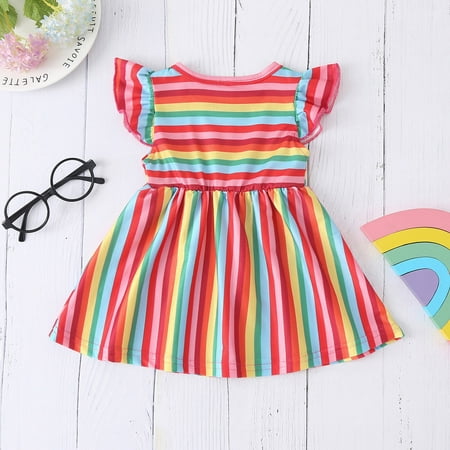 

Aayomet Flower Girl Dress Fly Kids Girls Dress Toddler Sleeve Dress Baby Princess Party Rainbow Striped Girls Dress&Skirt Multicolor 12-18 Months