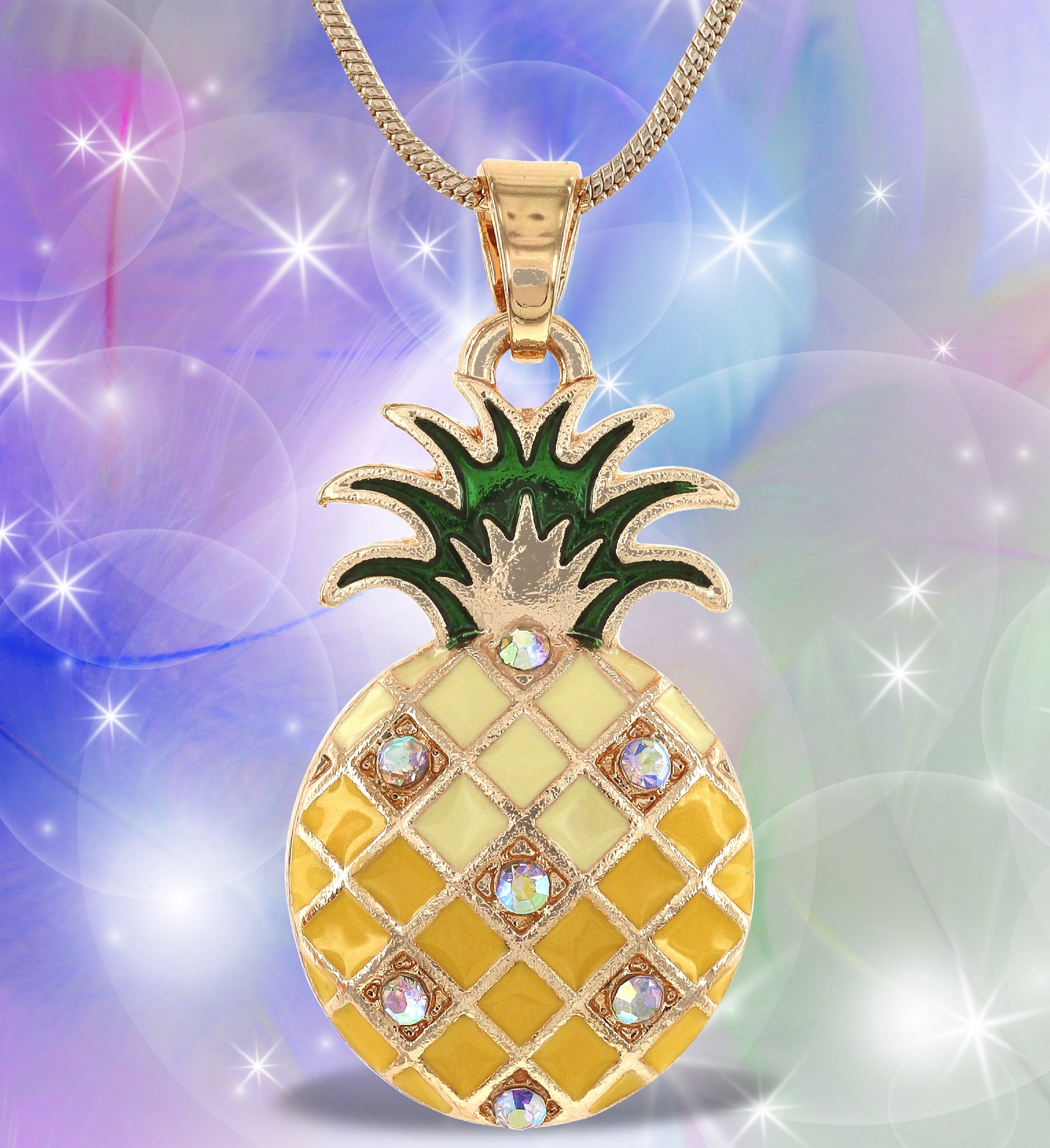 Aqua79 Gold Pineapple Sparkling Crystal Pendant Necklace