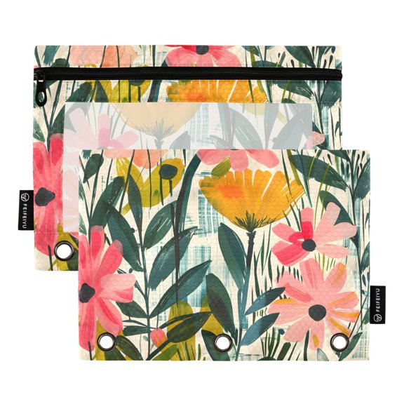 ALAZA 2 Pack Pencil Pouch Flower Oil Painting Pencil Case for 3 Ring Binder Clear Window Pencil Bag Organizers