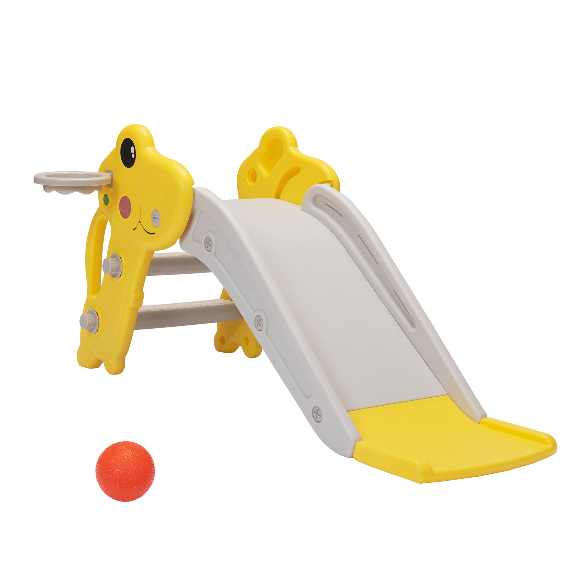 Kadyne 3 in 1 Toddler Slide Kids Slide, 42.9" Frogs Play Slide for Outdoor and Indoor, Play Slide with Basketball Hoop, Ball and Ladder, Yellow+Gray Kadyne 3 in 1 Toddler Slide Kids Slide, 42.9" Frogs Play Slide for Outdoor and Indoor, Play Slide with Basketball Hoop, Ball and Ladder, Yellow+Gray