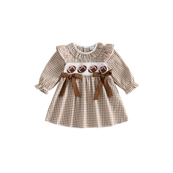RUINIXCW Kids Toddler Baby Girl Football Dress Outfit Infant Baby Girl Fall Gingham Plaid Dress Clothes Rugby Embroidery Long Sleeve A-line Dress