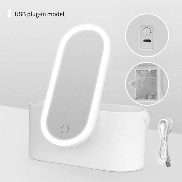 USB-Powered LED Vanity Mirror with Integrated Storage Case, White - Soft Light for True Makeup Reflection, Compact Design (24.1×10.5×11.4cm) for Organizing Small Cosmetics and Desktop Neatness,
