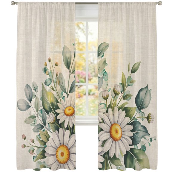 Spring Daisy Sheer Curtains 108 Inch Long 2 Panels Watercolor Style Flower Countryside Retro Light Filtering Rod Pocket Curtains, Sheer Voile Drapes for Living Room Bedroom 52"x108"