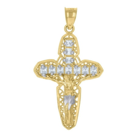 Auriga Fine Jewelry 10K Two-Tone Gold Princess Cut CZ Crucifix Cross Religious Charm Pendant for Women