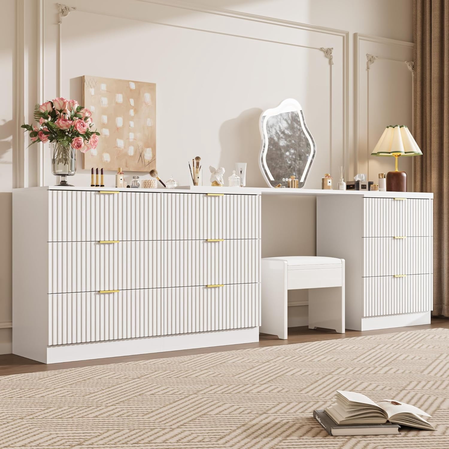 white and gold dresser diy FURNIWAY 71 Inch L Shaped Rotatable 9 Drawer Dresser, Modern Fluted Chest of Drawers with Handles for Bedroom Living Room Entryway Matching Set