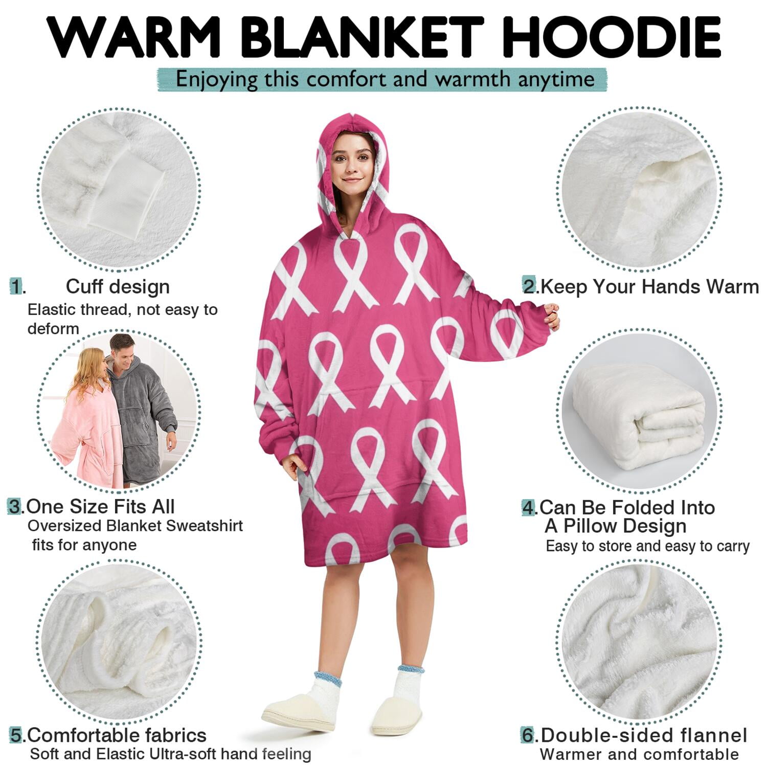 Wearable Oversized Blanket,Pink Breast Cancer Wearable Blanket Hoodie for Adults,Cozy Hooded Blankets with Super Pockets,Super Warm Fuzzy Pullover for Women & Men