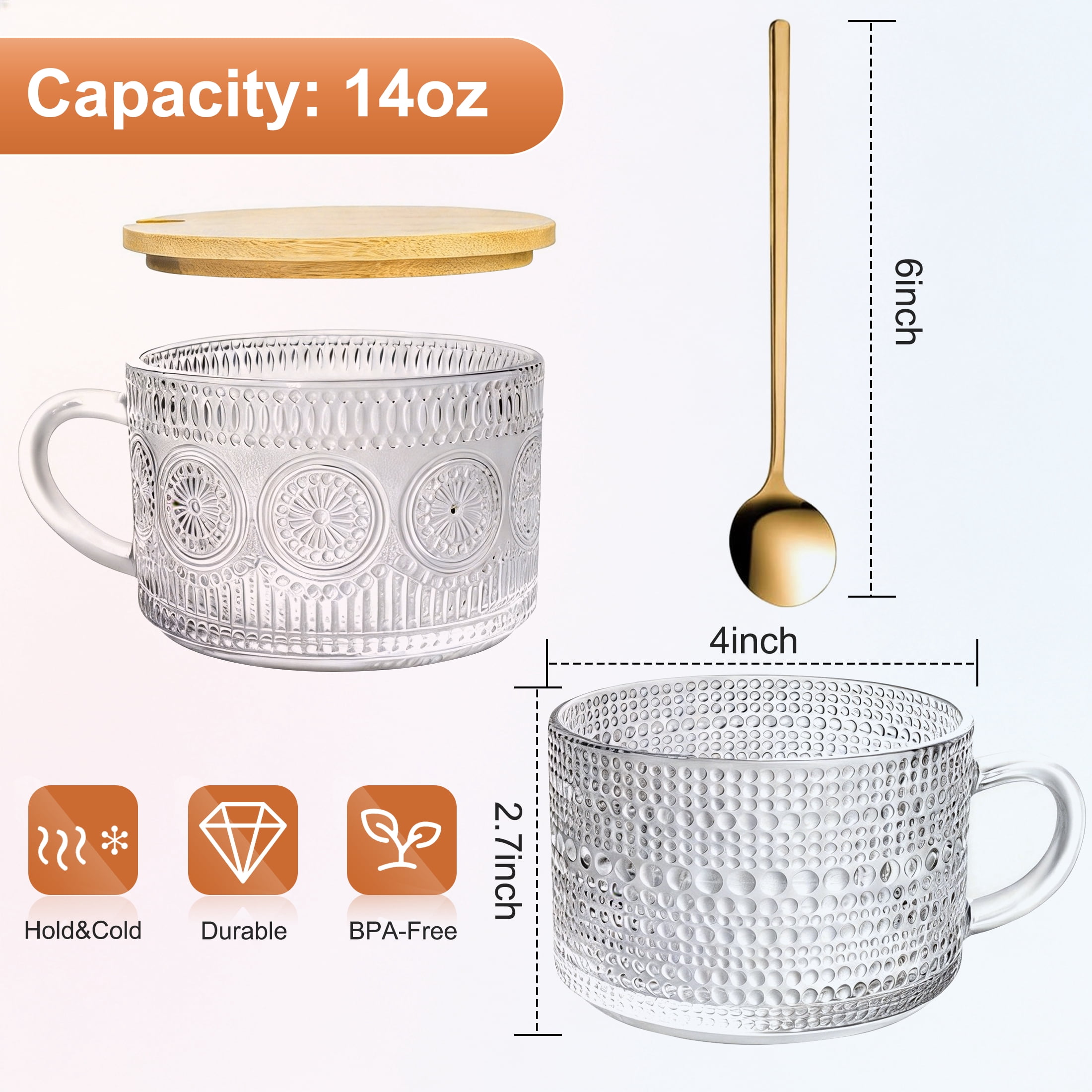 4 Pack Glass Coffee Mugs, 14oz Oatmeal Yogurt Cup with Bamboo Lids and Spoons, Clear Embossed Vintage Glass Cups for Cappuccino, Latte, Cereal, Yogurt