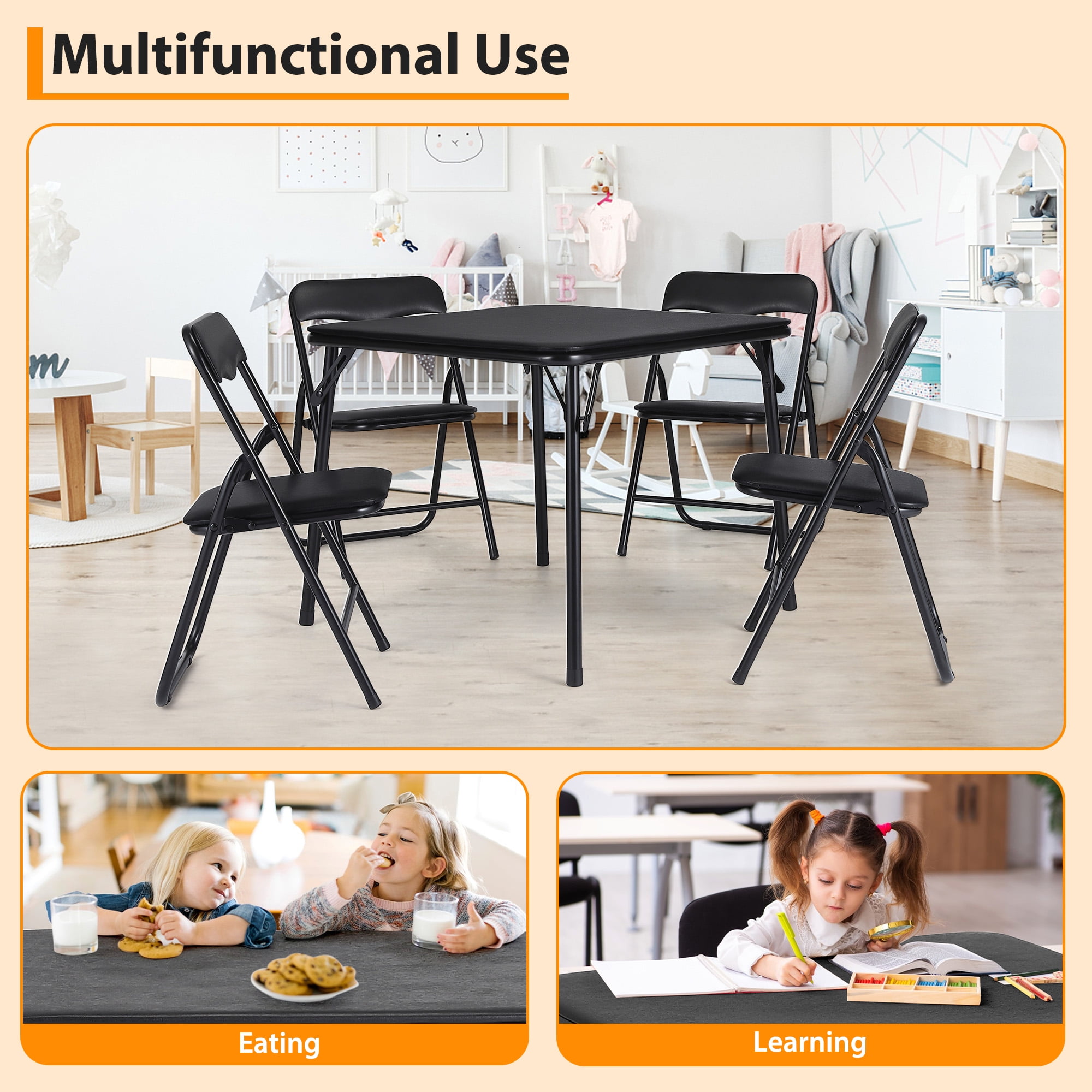 Black 5-Piece Kids Folding Table and Chair Set - Upholstered Metal Frame Activity Table Set for Eating, Reading & Playing