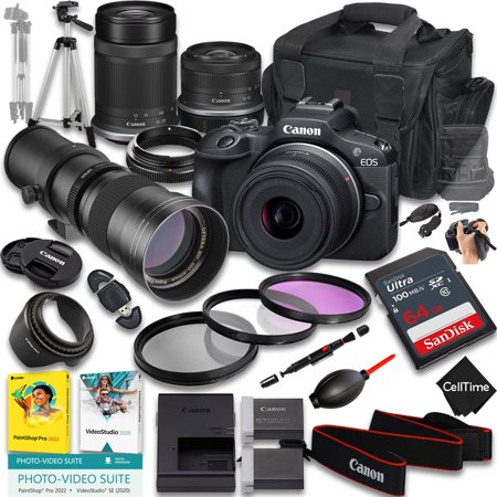 Canon EOS R100 Mirrorless Camera with RF-S 18-45mm f/4.5-6.3 IS STM And 55-210mm f/5-7.1 IS STM & 420-800mm f/8 Lens + 64 GB Memory + Extra Battery + Camera Case + More (25pc Bundle)