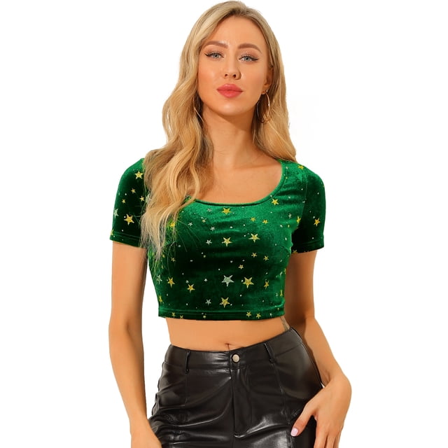 Top Corto De Terciopelo Para Mujer, Cuello Cuadrado, Manga Corta, Casual, Ajustado, Camiseta Verde L