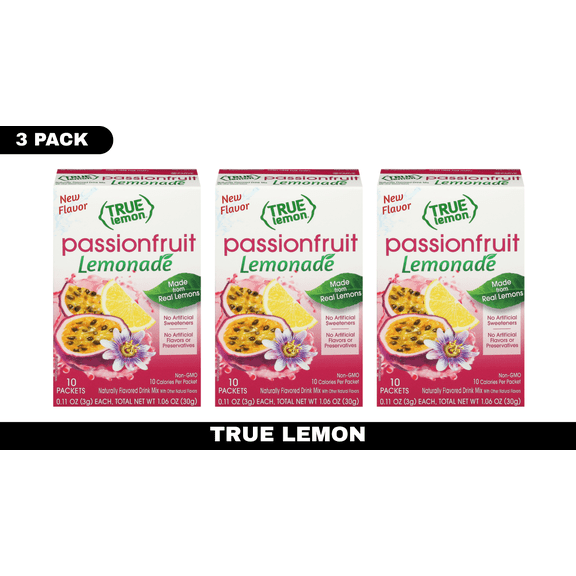 True Lemon True Lemon Lemonade Passionfruit Drink Mix, 0.11 oz – Pack of 3, Single-Serve Citrus Packets, No Artificial Sweeteners