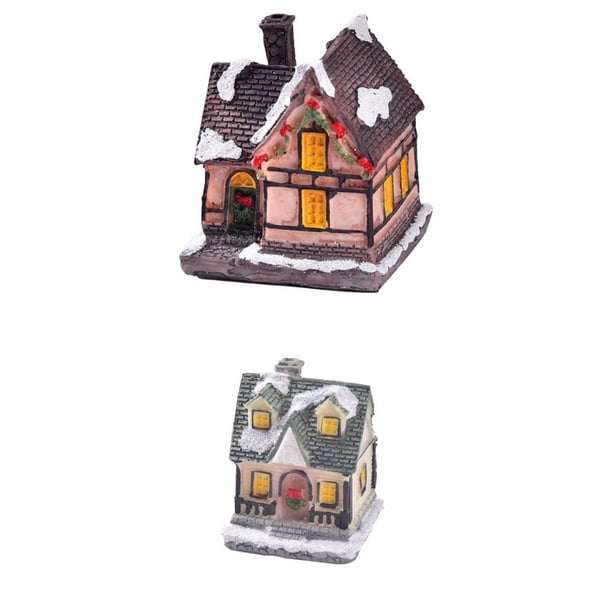 2 Uds Estatuas De Casa Iluminadas Adornos Luz Nieve Pueblo Decoración StyleF EstiloF Sunnimix Casa de miniaturas